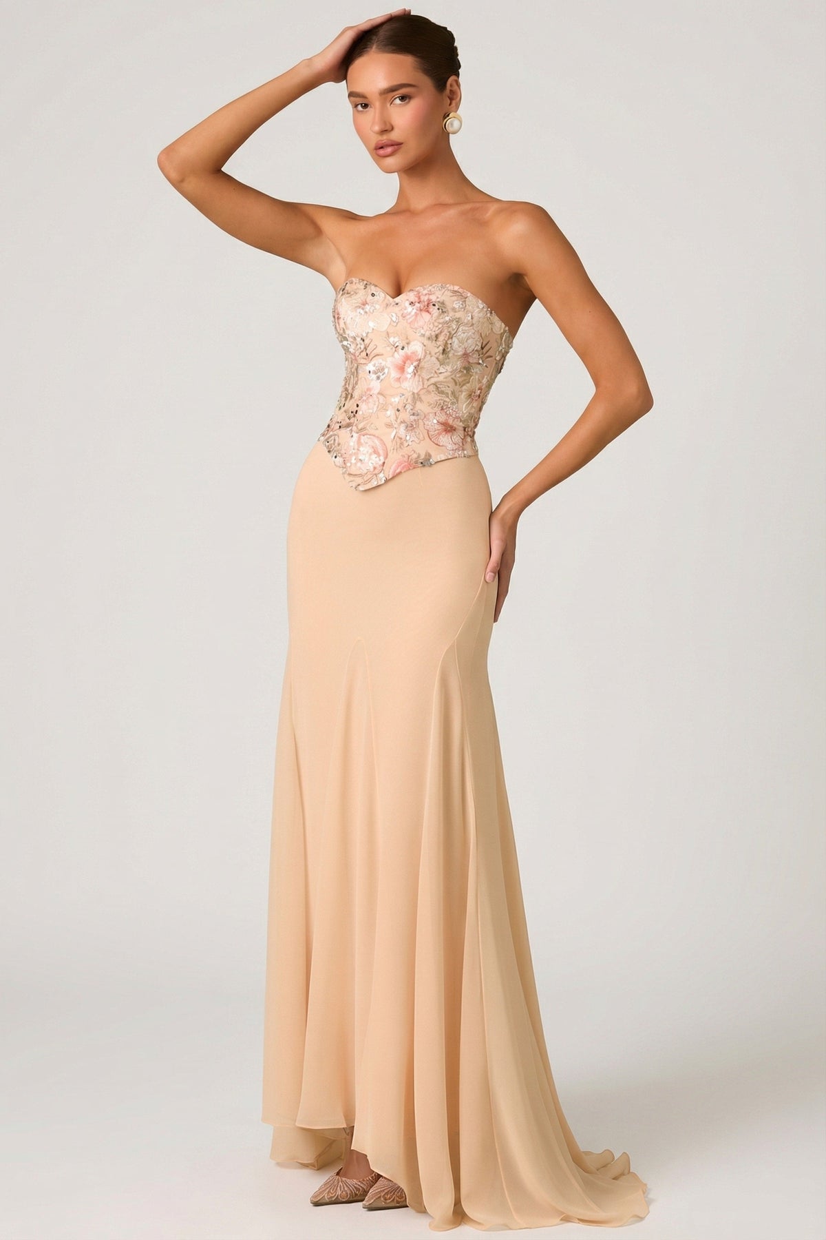 Chic Embellished Corset Fishtail Gown in Floral Beige