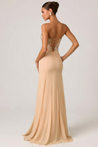 Chic Embellished Corset Fishtail Gown in Floral Beige