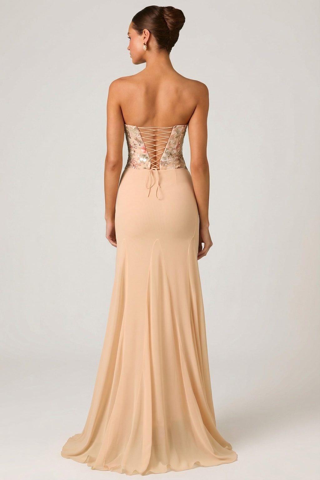 Chic Embellished Corset Fishtail Gown in Floral Beige