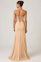 Chic Embellished Corset Fishtail Gown in Floral Beige