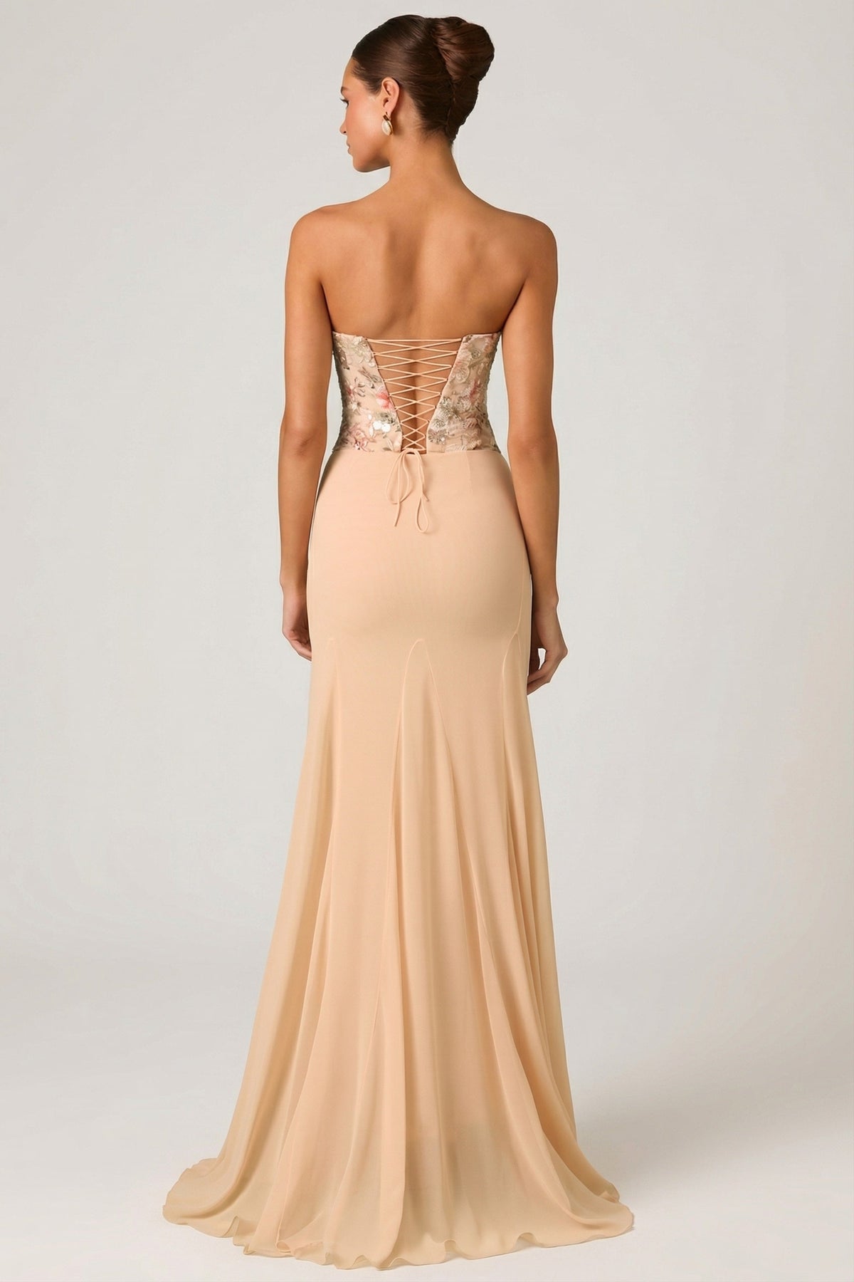 Chic Embellished Corset Fishtail Gown in Floral Beige
