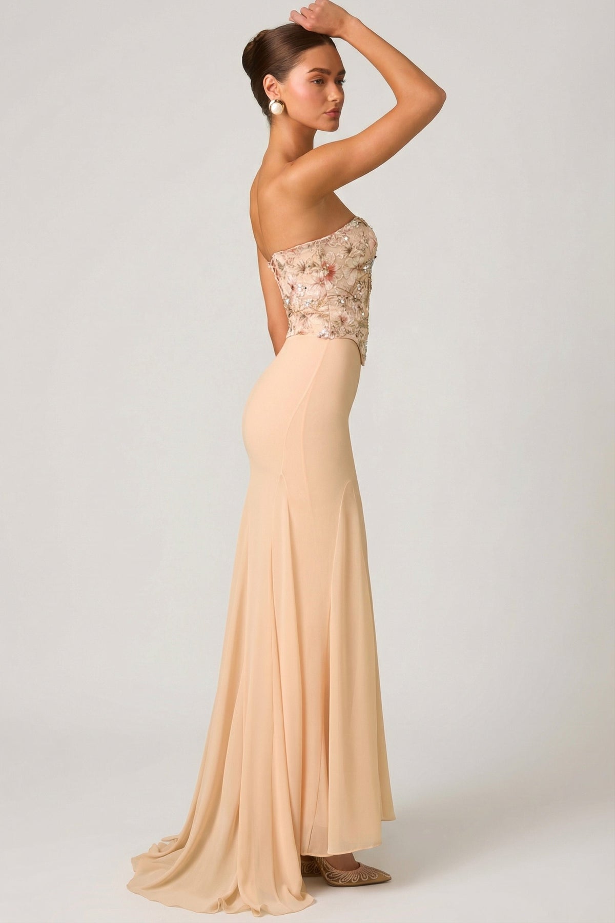 Chic Embellished Corset Fishtail Gown in Floral Beige