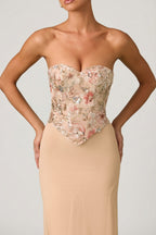 Chic Embellished Corset Fishtail Gown in Floral Beige