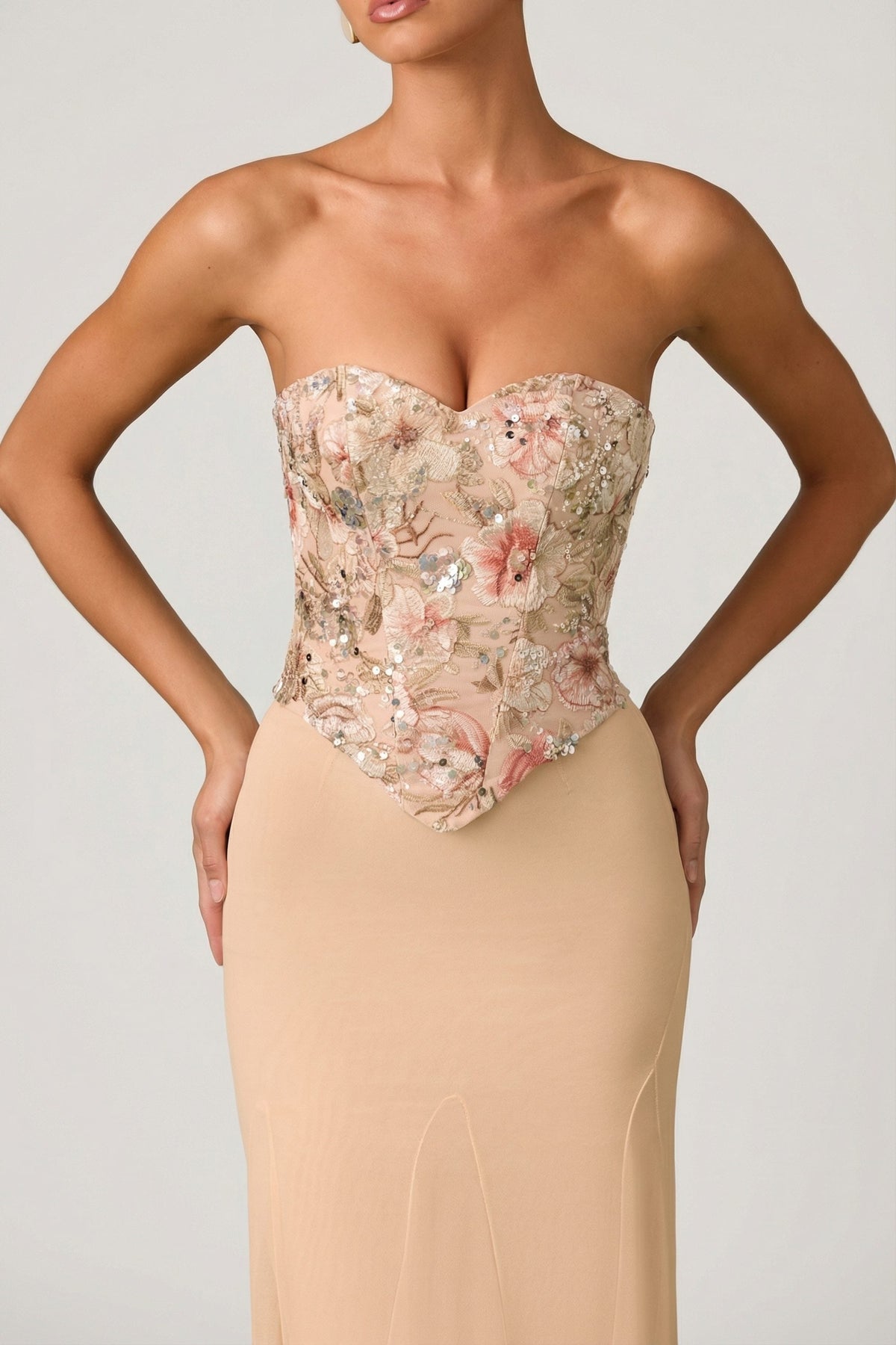 Chic Embellished Corset Fishtail Gown in Floral Beige