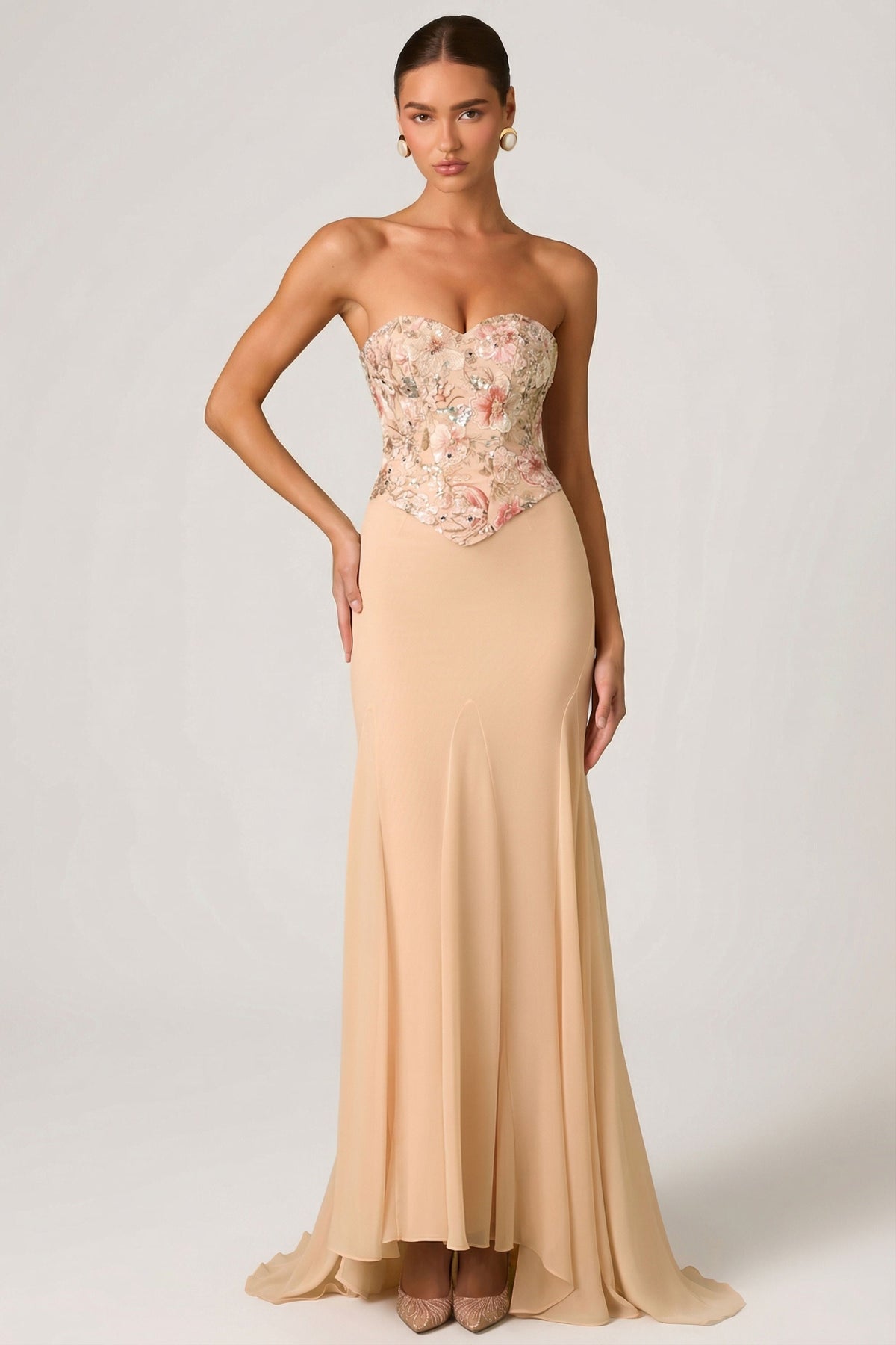 Chic Embellished Corset Fishtail Gown in Floral Beige