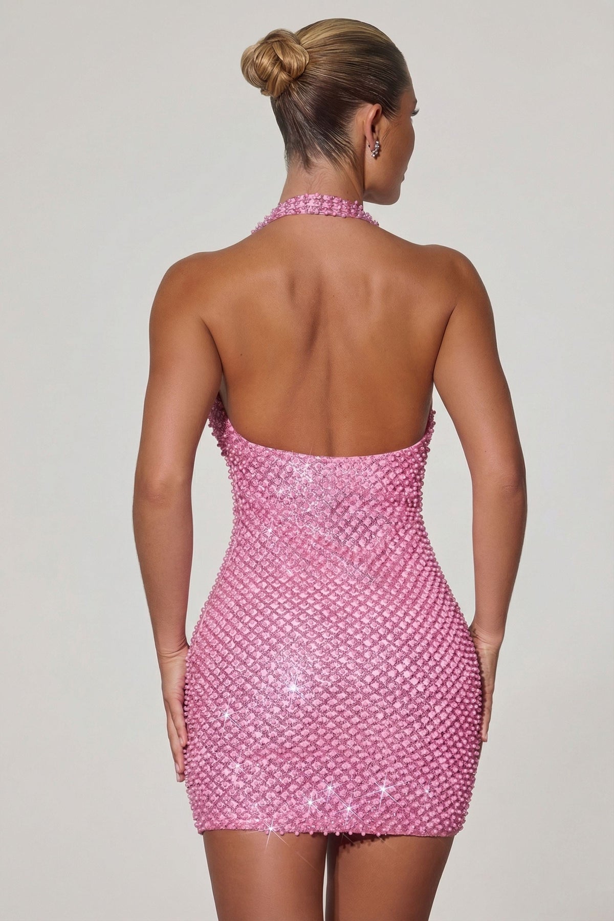 Chic Embellished Heart-Detail Cowl-Neck Mini Dress in Pink