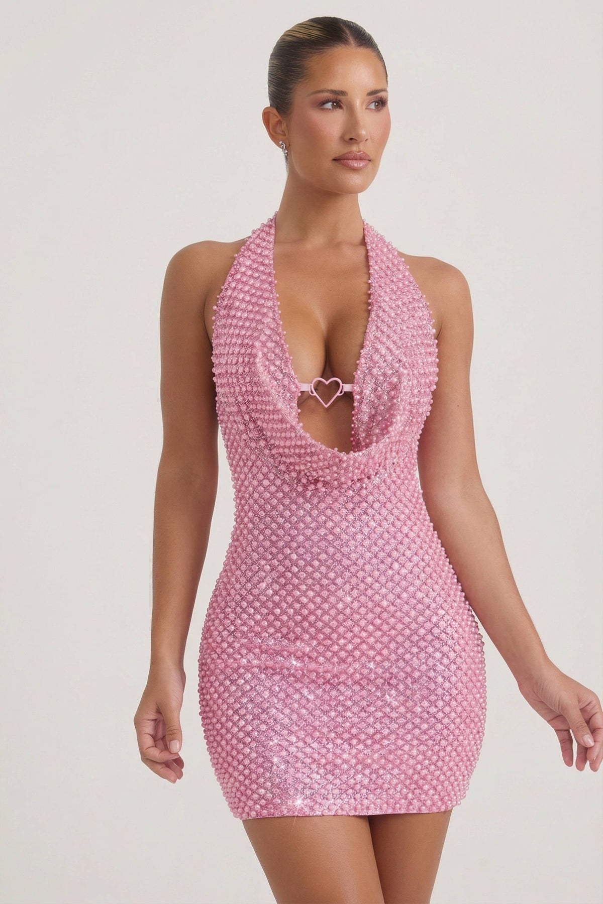 Chic Embellished Heart-Detail Cowl-Neck Mini Dress in Pink