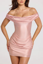Chic Satin Off-Shoulder Draped Mini Dress in Blush Pink
