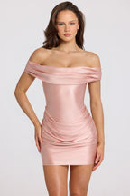 Chic Satin Off-Shoulder Draped Mini Dress in Blush Pink