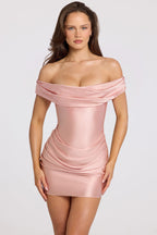 Chic Satin Off-Shoulder Draped Mini Dress in Blush Pink