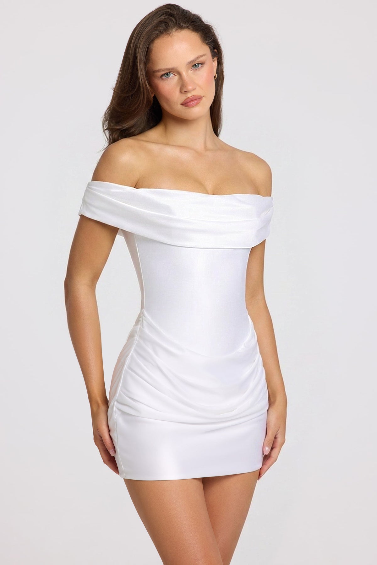 Chic Satin Off-Shoulder Draped Mini Dress in White