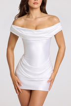 Chic Satin Off-Shoulder Draped Mini Dress in White