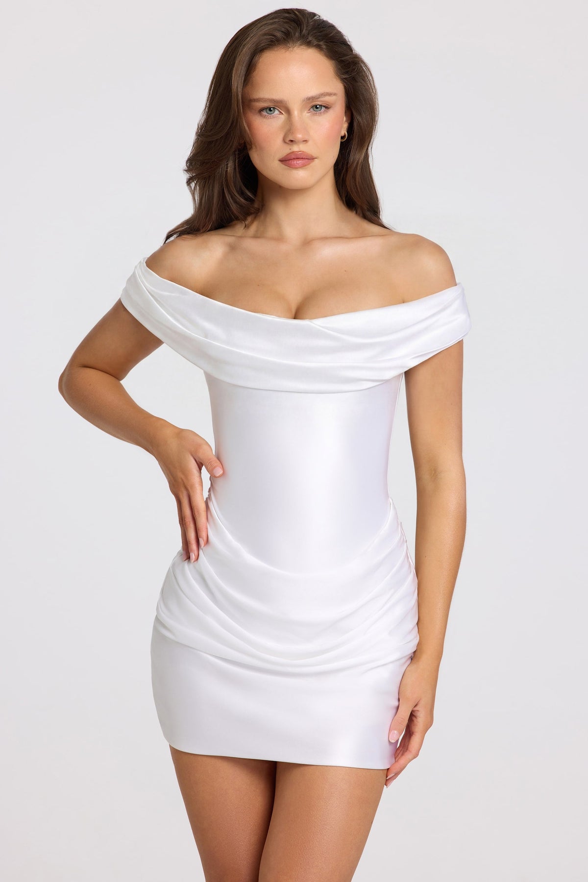 Chic Satin Off-Shoulder Draped Mini Dress in White