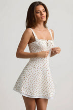 Chic Lace-Up Cotton-Poplin Mini Dress in Rose Print