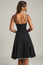 Chic Bow-Detail A-Line Midi Dress in Black