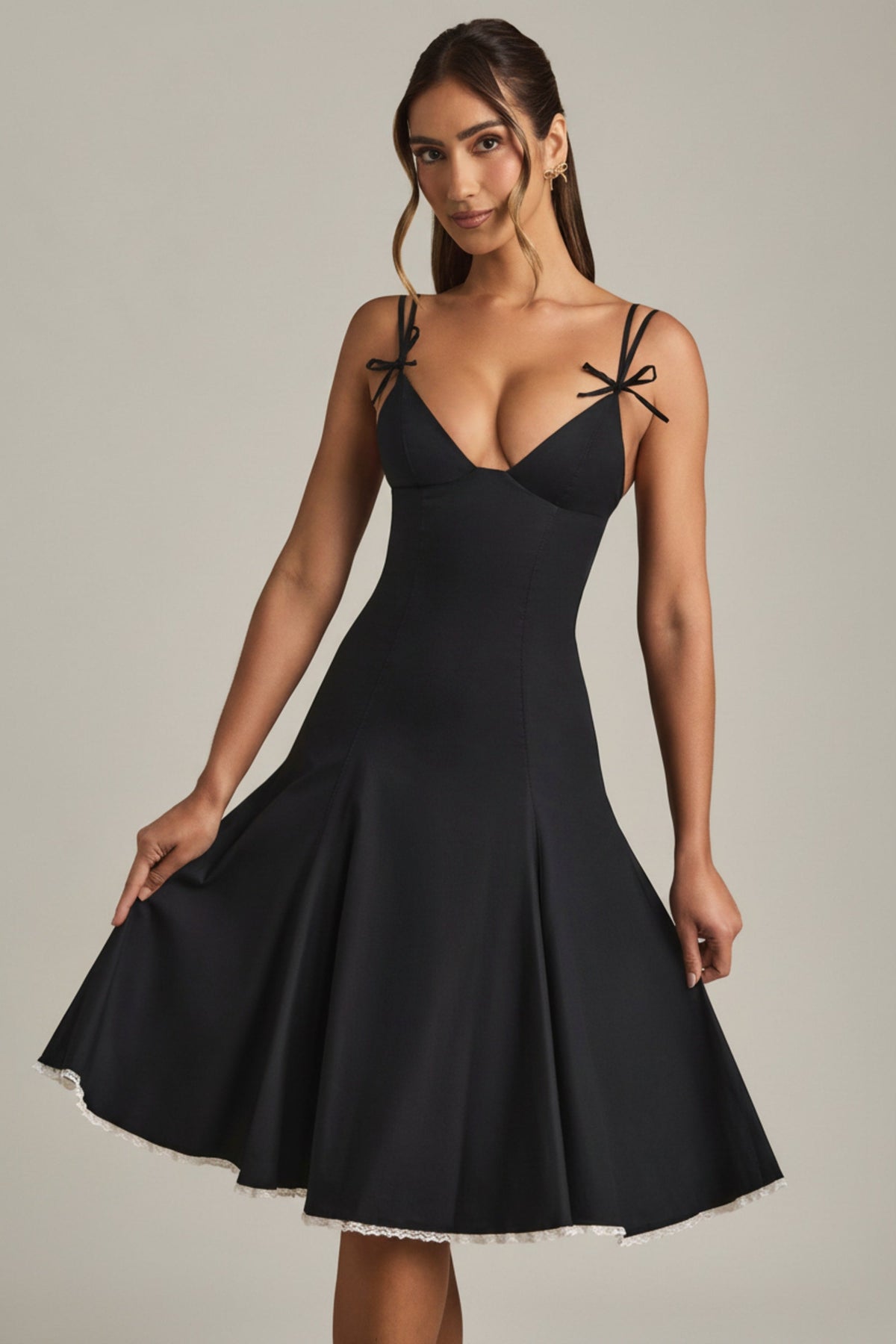 Chic Bow-Detail A-Line Midi Dress in Black