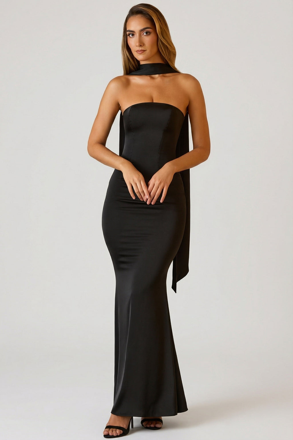 Chic Scarf-Detail Strapless Gown in Black