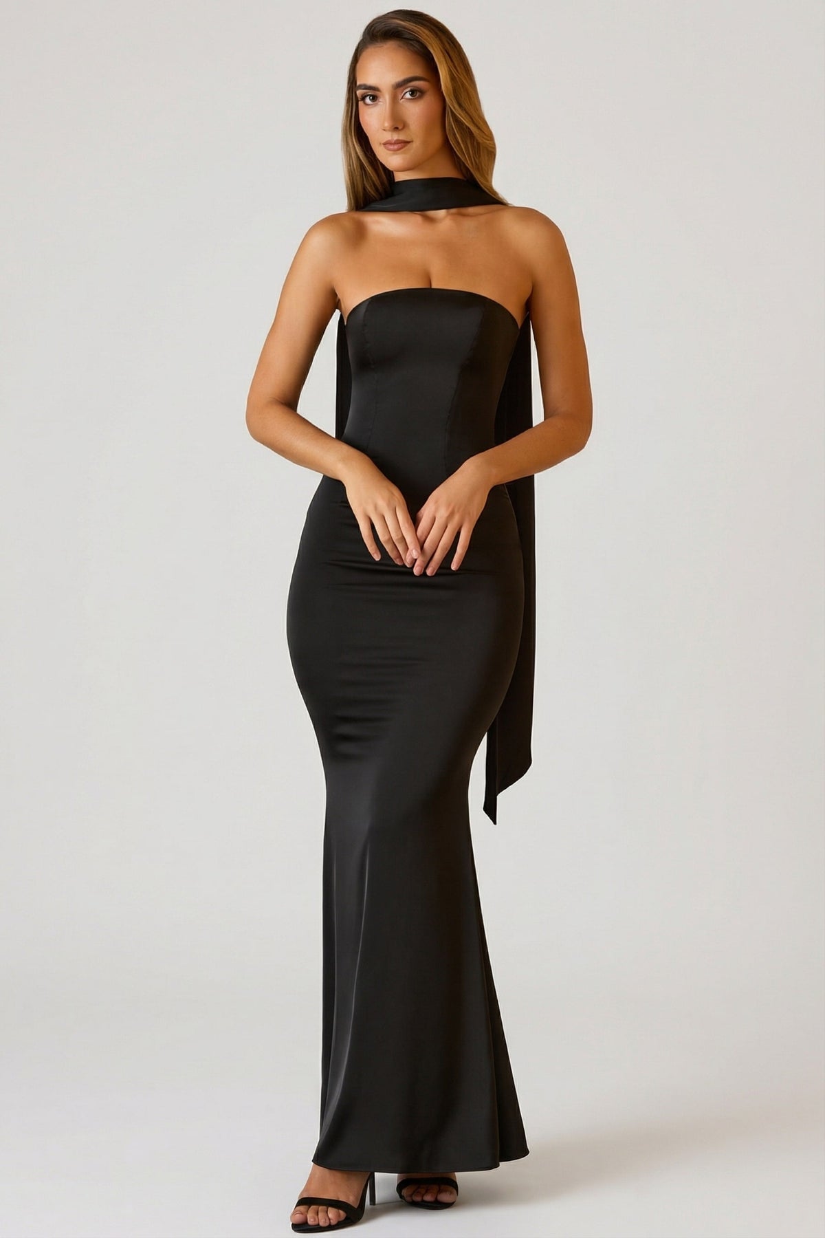Chic Scarf-Detail Strapless Gown in Black