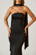 Chic Scarf-Detail Strapless Gown in Black