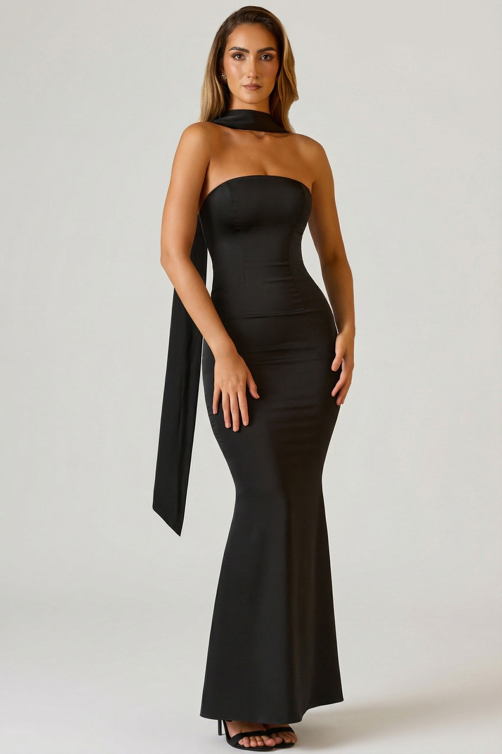Chic Scarf-Detail Strapless Gown in Black