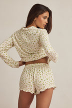 Chic Modal Ruffle-Trim Pyjama Shorts in Lemon Print