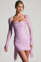 Chic Embellished Draped Cowl-Neck Mini Dress in Peony Pink