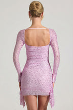 Chic Embellished Draped Cowl-Neck Mini Dress in Peony Pink