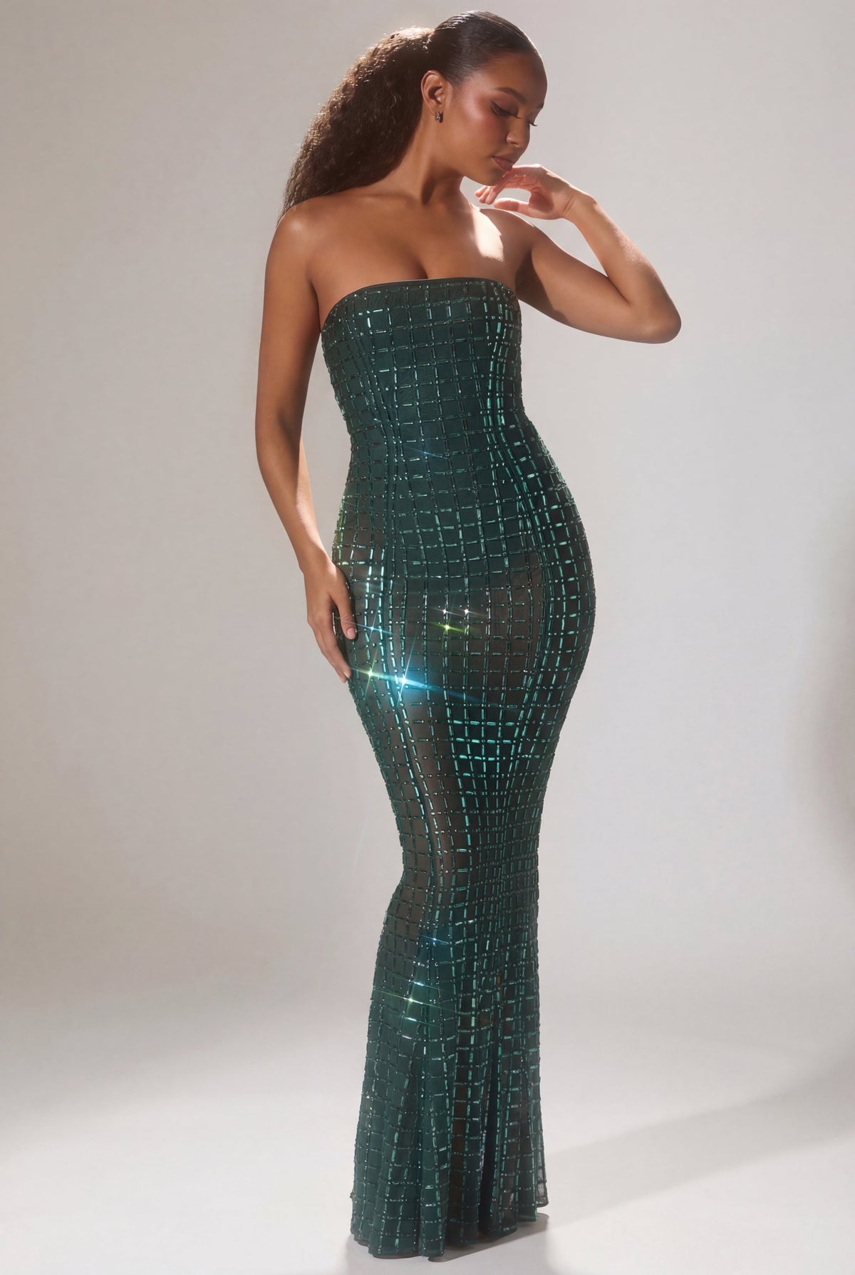 Chic Embellished Strapless Gown in Emerald Green