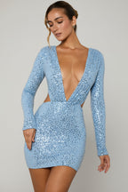 Chic Embellished Cut-Out Mini Dress in Light Blue