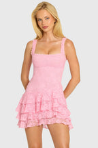 Chic Sequin Lace Ruffle Mini Dress in Blossom