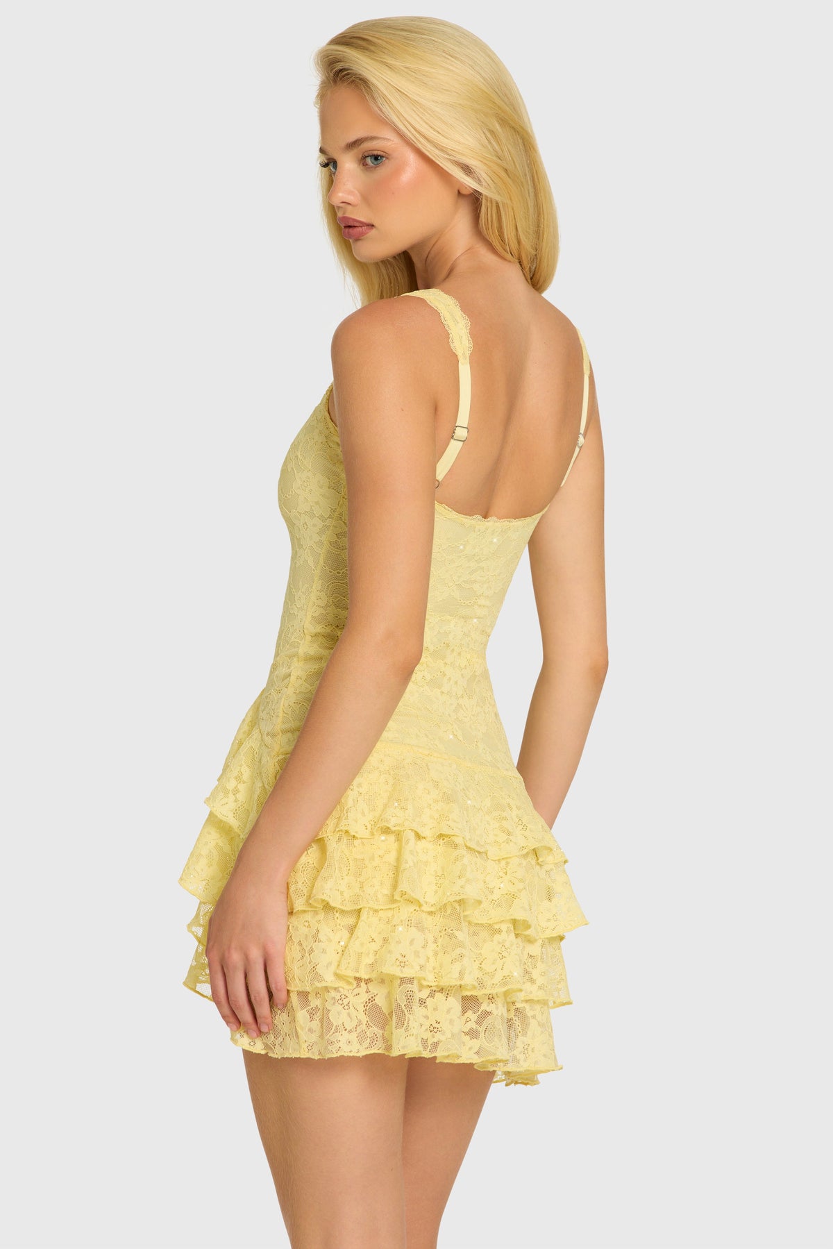 Chic Sequin Lace Ruffle Mini Dress in Butter