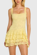Chic Sequin Lace Ruffle Mini Dress in Butter
