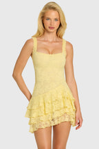 Chic Sequin Lace Ruffle Mini Dress in Butter