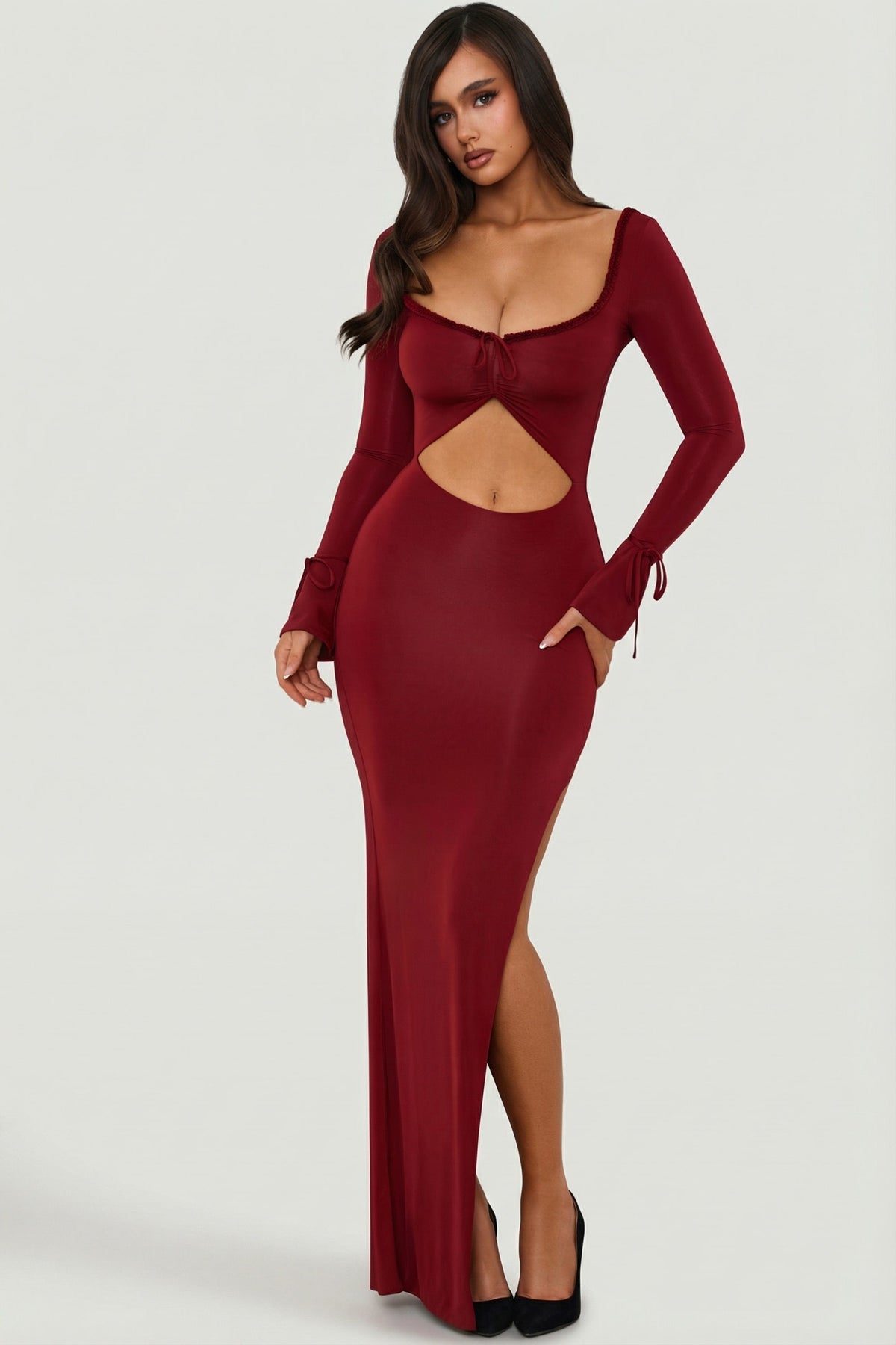 Chic Ruffle-Trim Cut-Out Maxi Dress in Berry Red