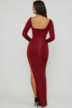 Chic Ruffle-Trim Cut-Out Maxi Dress in Berry Red