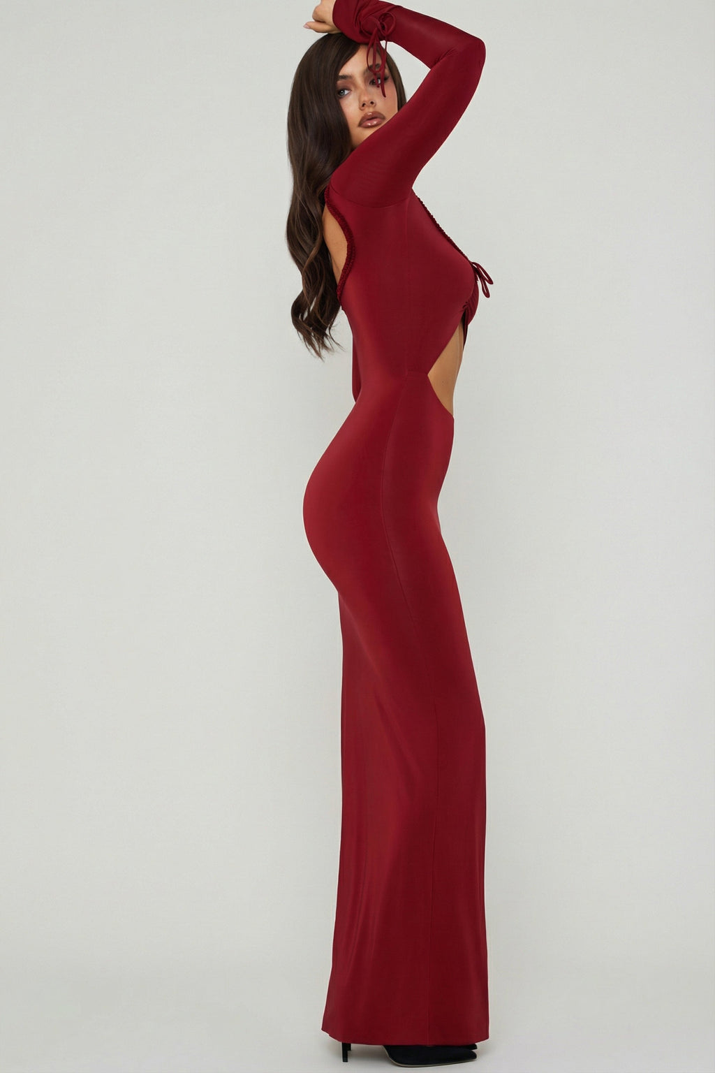 Chic Ruffle-Trim Cut-Out Maxi Dress in Berry Red