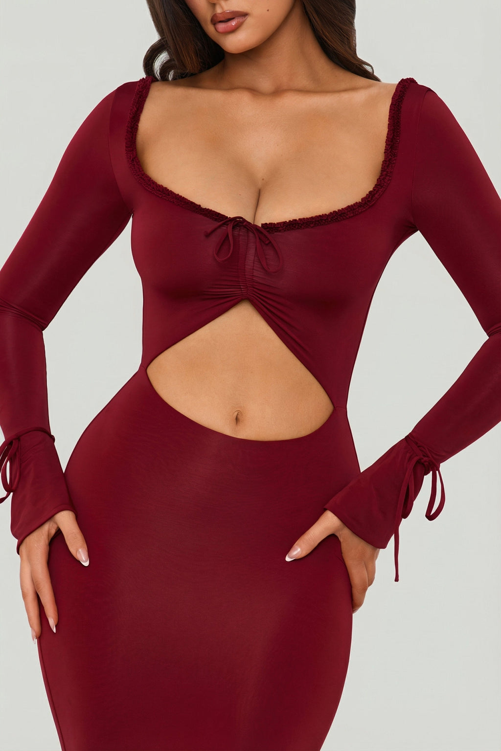 Chic Ruffle-Trim Cut-Out Maxi Dress in Berry Red