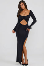 Chic Ruffle-Trim Cut-Out Maxi Dress in Black