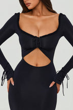 Chic Ruffle-Trim Cut-Out Maxi Dress in Black