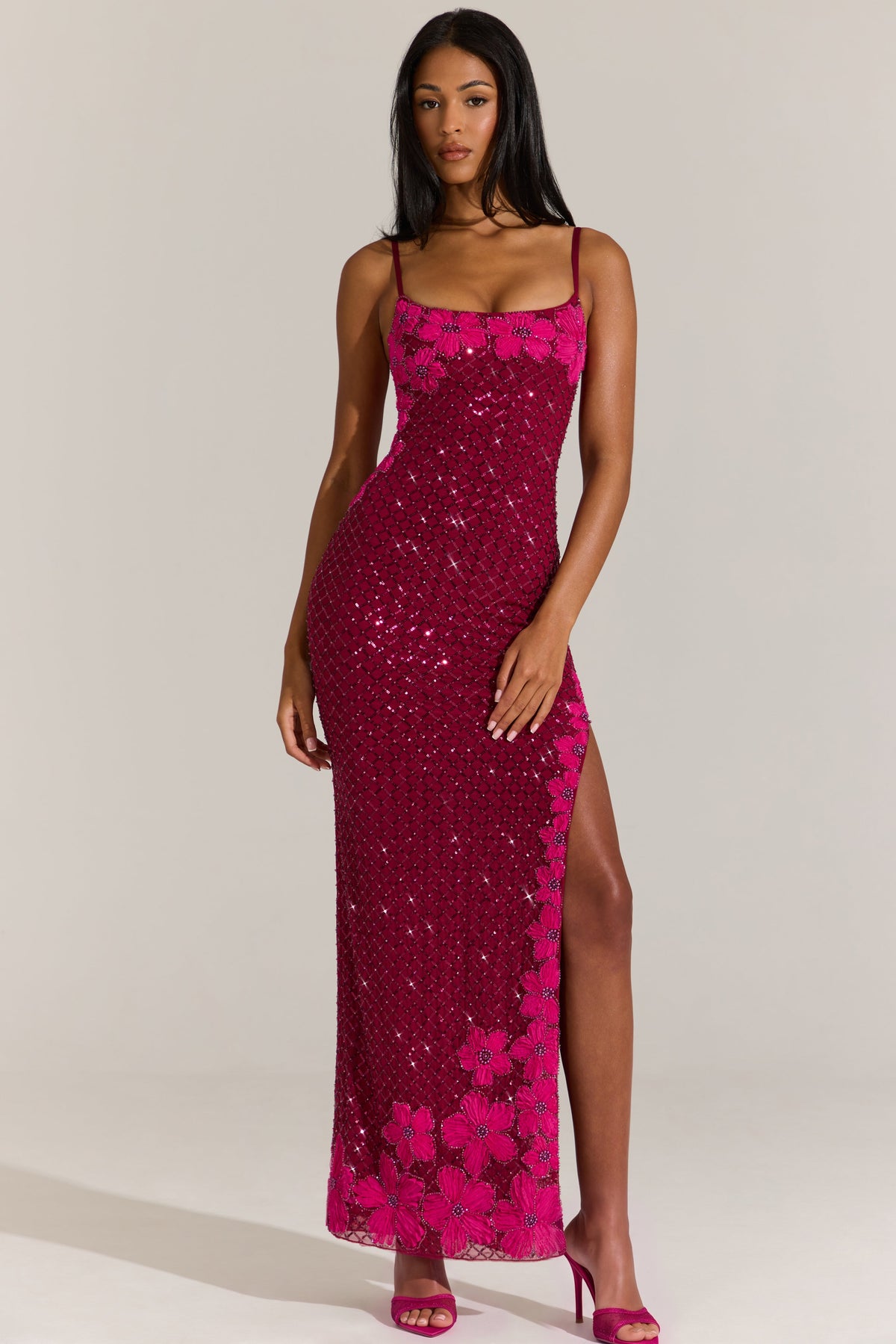 Chic Embellished Square-Neck Maxi Dress in Cranberry