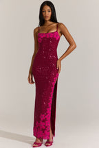 Chic Embellished Square-Neck Maxi Dress in Cranberry