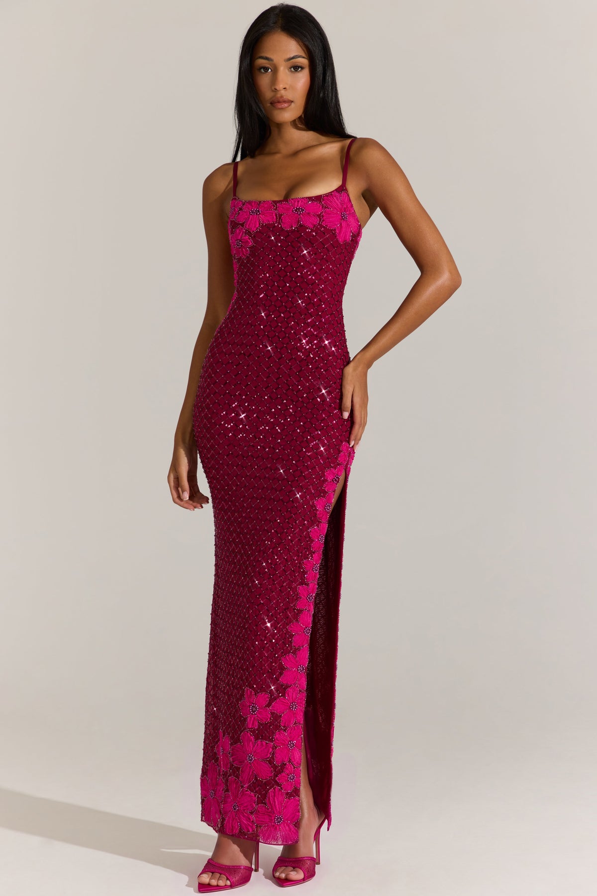 Chic Embellished Square-Neck Maxi Dress in Cranberry