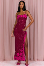 Chic Embellished Square-Neck Maxi Dress in Cranberry