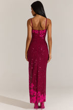 Chic Embellished Square-Neck Maxi Dress in Cranberry