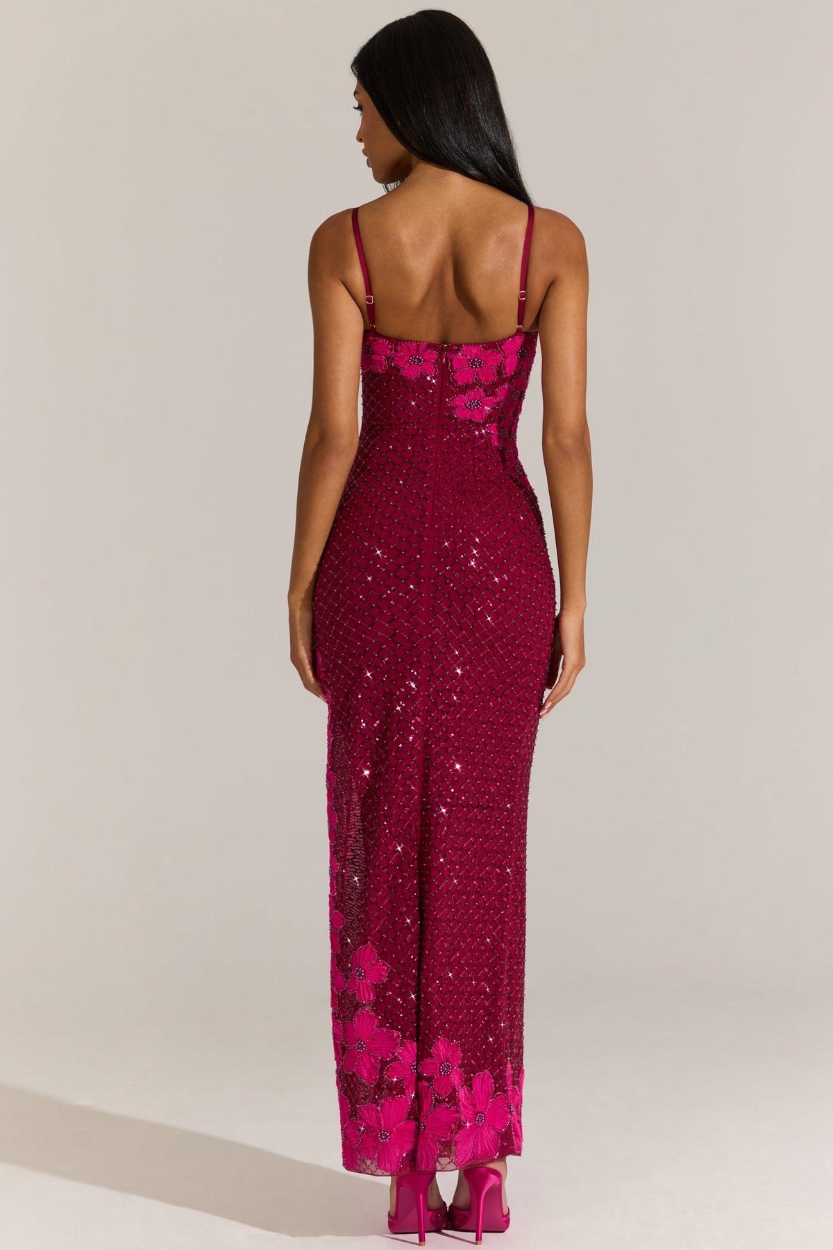Chic Embellished Square-Neck Maxi Dress in Cranberry