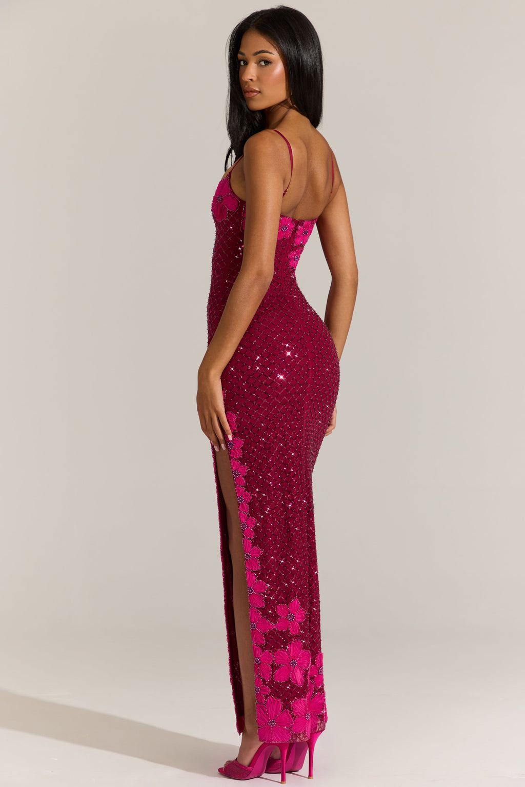 Chic Embellished Square-Neck Maxi Dress in Cranberry