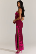 Chic Embellished Square-Neck Maxi Dress in Cranberry