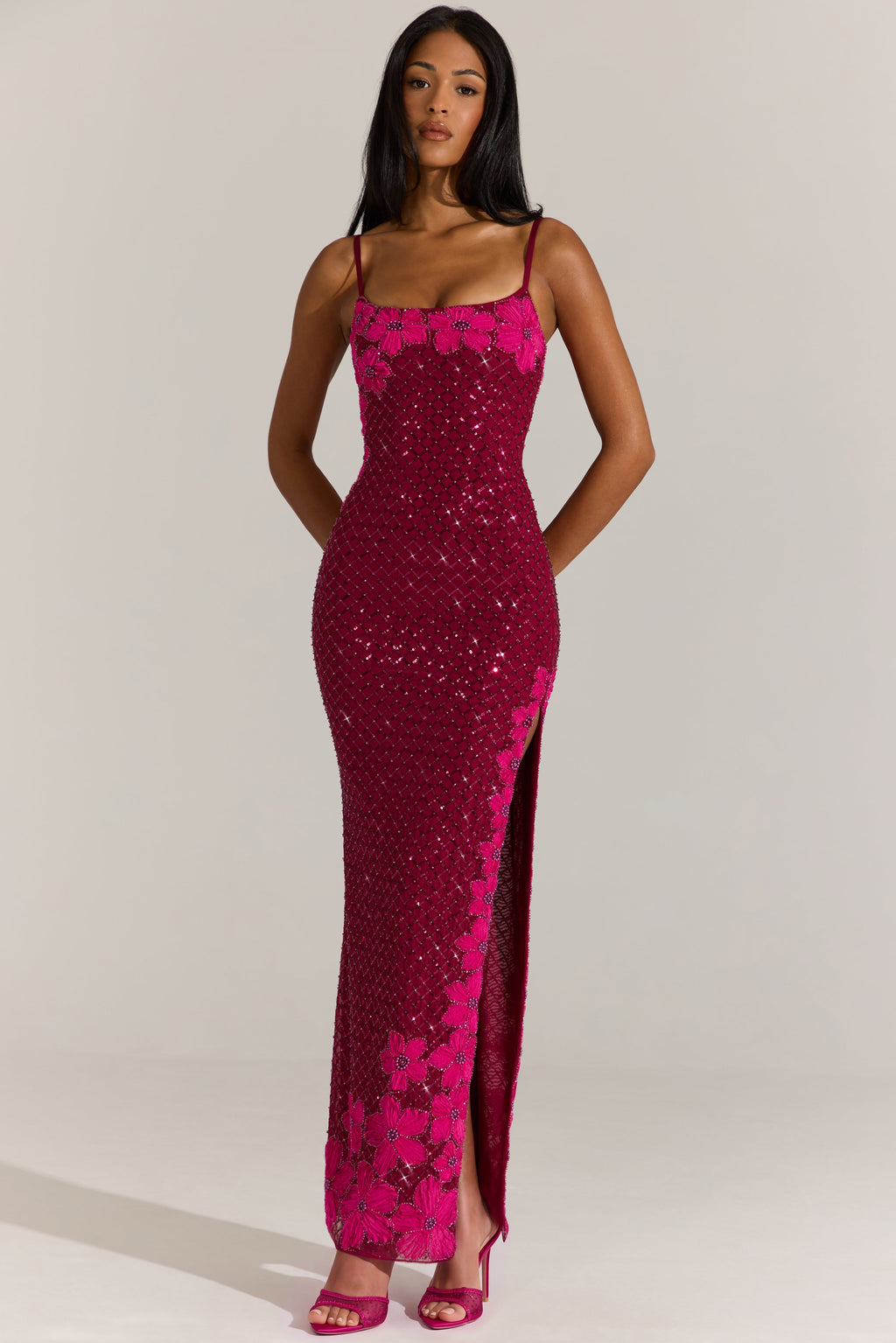 Chic Embellished Square-Neck Maxi Dress in Cranberry