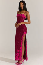 Chic Embellished Square-Neck Maxi Dress in Cranberry