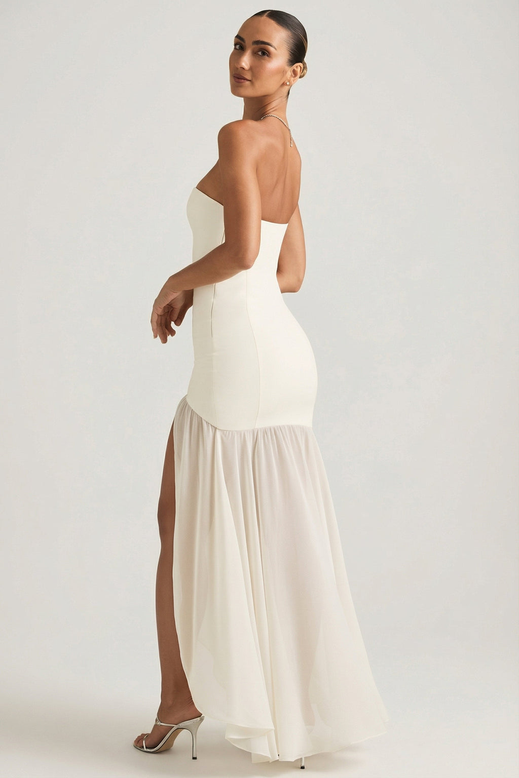 Chic Asymmetric Strapless Fishtail Maxi Dress in Ivory